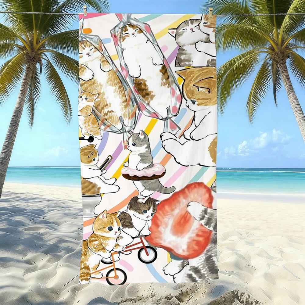Cute Kitten Printed Microfiber Sand-Free Beach Towel Quick Dry Absorbent Bath Towel