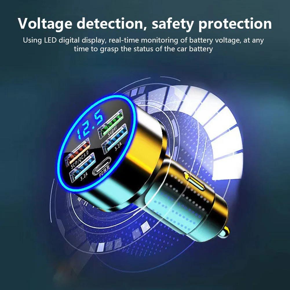 250W Car Charger QC3.0 PD Fast Charging with LED Display, 5-Port USB Car Adapter Compatible with iPhone & Android