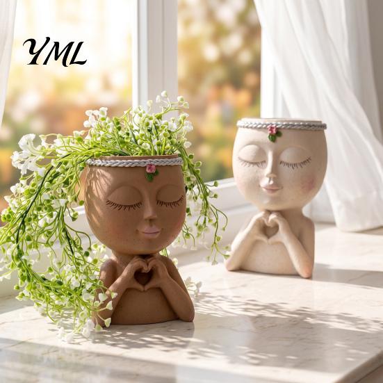 Artistic Sculpture Flower Pot Face Planter Pot, Cute Resin Head Vase for Succulents Flowers, Decorative Pots Unique Indoor Bedroom Desk Shelf