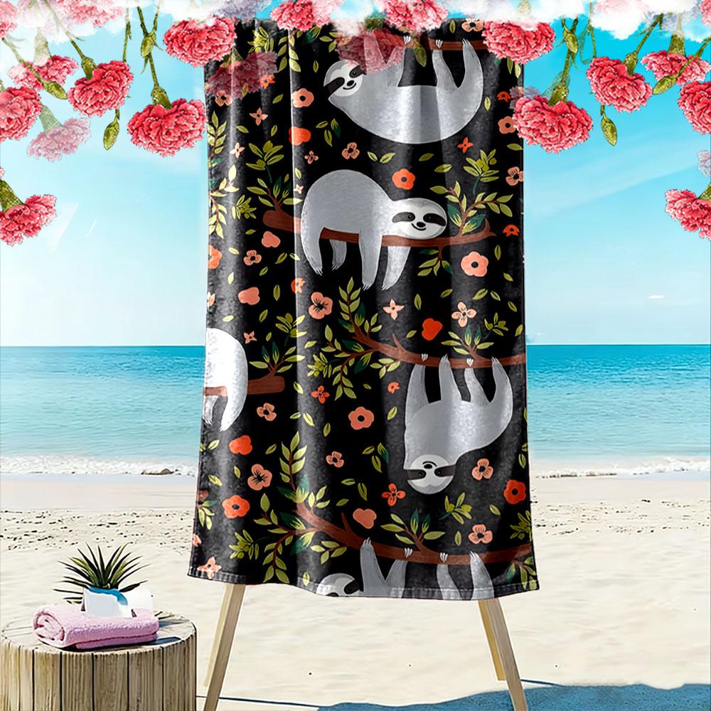 Charming sloths amid blossoms Print beach towel, quick drying, suitable for travel, outdoor sports, jogging, the beach and swimming, gift