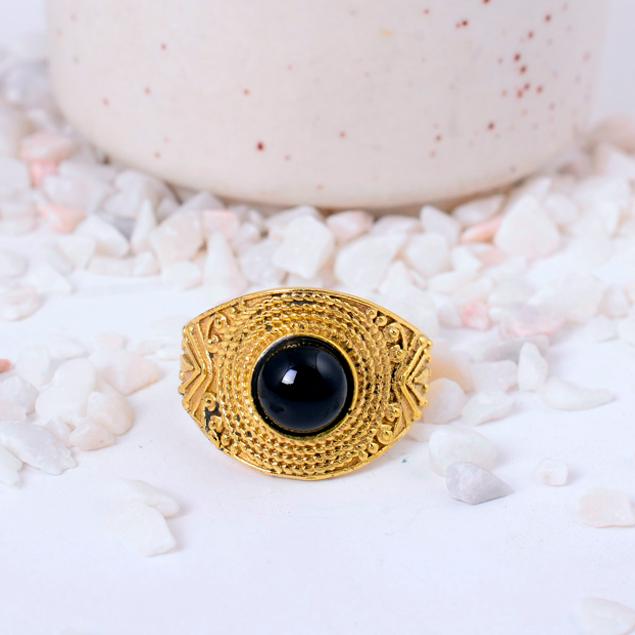 Black Onyx Brass Ring, Wide Band Statement Jewelry, Rustic Tribal Gemstone Ring, Protective Stone Boho Gift, Unisex Cocktail Ring