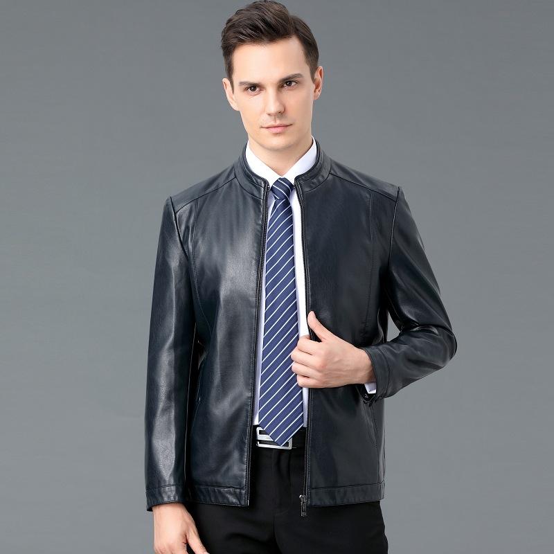 Мужская куртка из натуральной кожи, мужская куртка из овчины с воротником-стойкой, повседневная осенне-зимняя модная кожаная куртка для пап среднего возраста