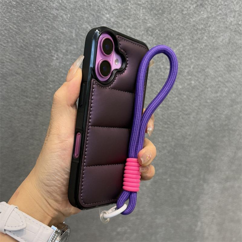 Модный пуховик Чехол-браслет для iPhone 15 16 Pro Max 14 Plus 11 12 13 С ремешком Однотонный Мягкий Ударопрочный Чехол