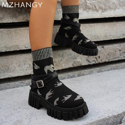 Платформа Женские Ботильоны Ботильоны Плоские Трикотажные Эластичные Туфли Пряжка Женские Модные Тенденции 2025 Зимние Сапоги Готические Новые Muejr Botas