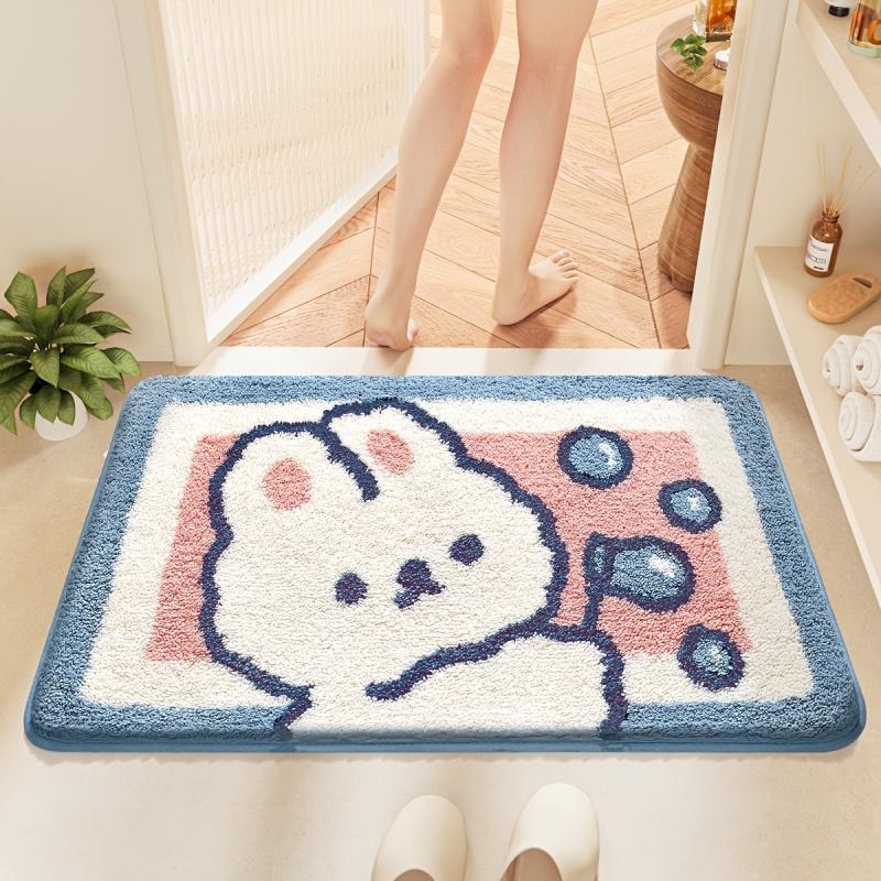 VIKAMA Adorable Cartoon Rabbit Bathroom Mat Soft Toilet Foot Mat Entrance Hallway Anti-Slip Doormat Bedroom Rug Home Decor