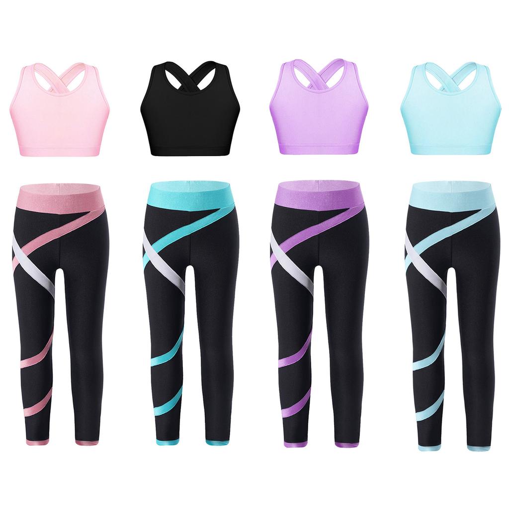 Girls Crop Top U Neck Cross Straps Keyhole Back Sleeveless Color Block Leggings Yoga Sports Set