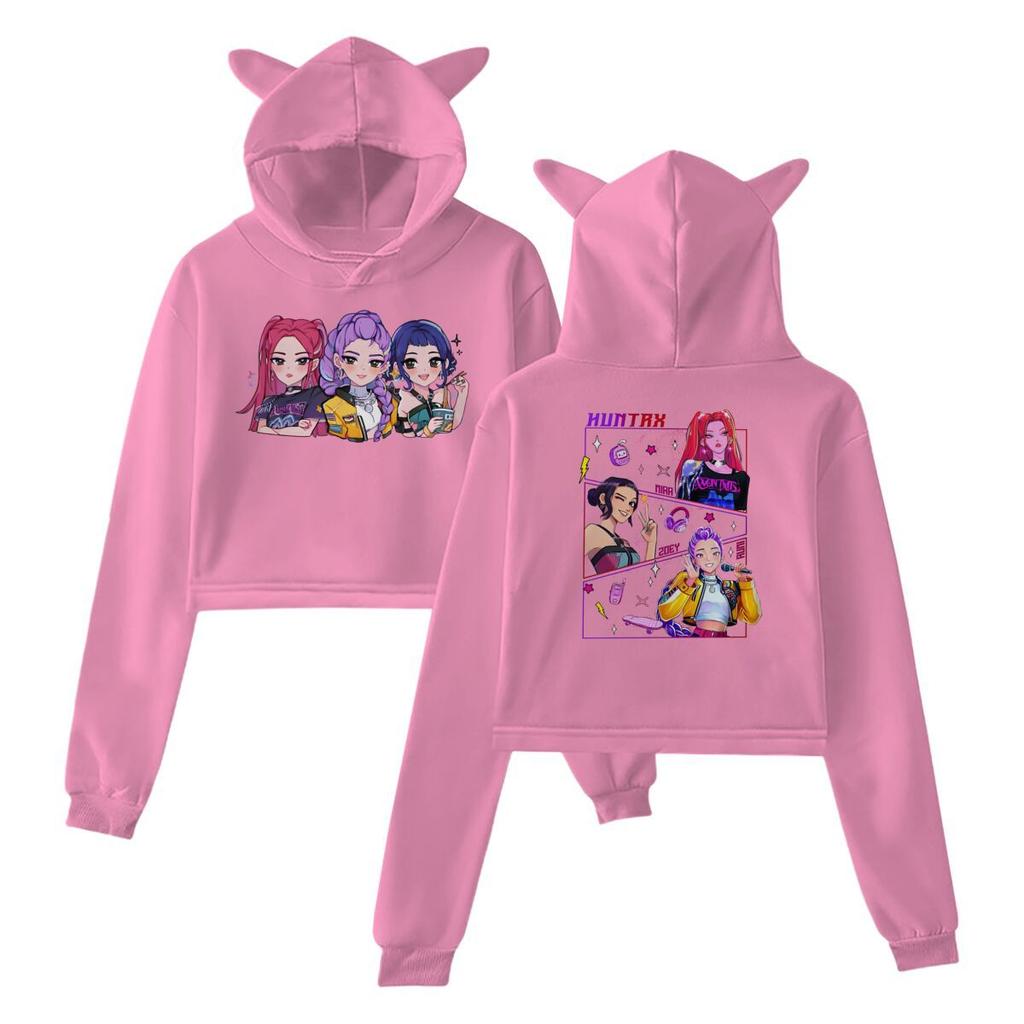 Новые K-pop Укороченные топы Охотники на демонов Толстовка с кошачьими ушками Длинный рукав Девушки Женщины Мода Худи