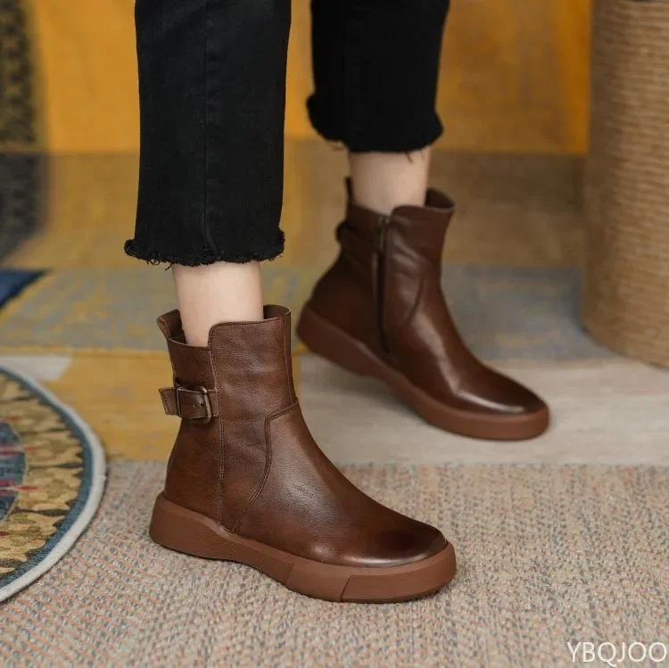 Новые женские ботинки в стиле ретро, ​​осенне-зимняя женская обувь, кожаные повседневные ботильоны на плоской подошве, женские полусапоги на платформе