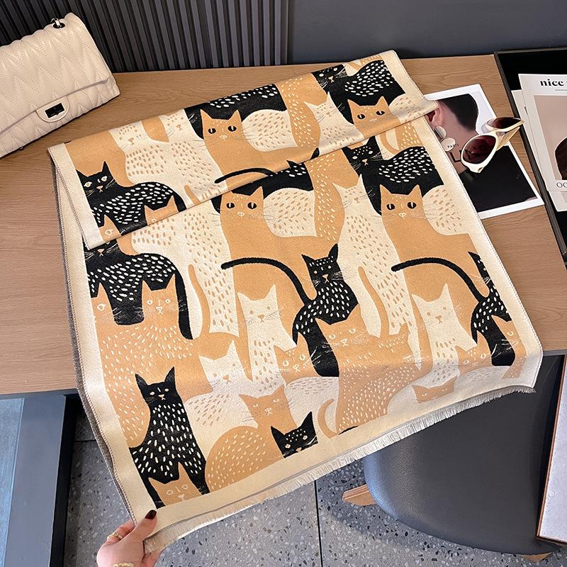 Cartoon Cat Contrasting Colors Double-Sided Imitation Cashmere Scarf Winter High-End Warm Shawl Women