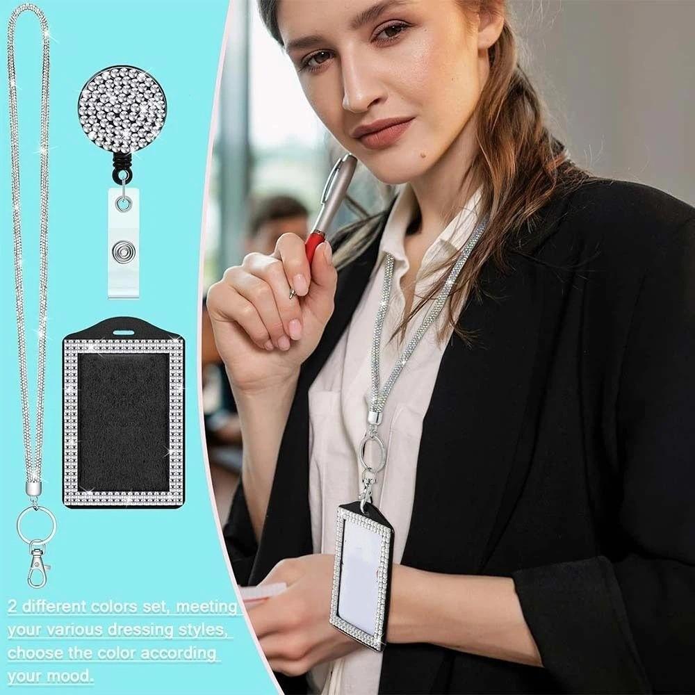 Rhinestone Decorated ID Holder with Lanyard Bling Retractable Badge Holder for Students