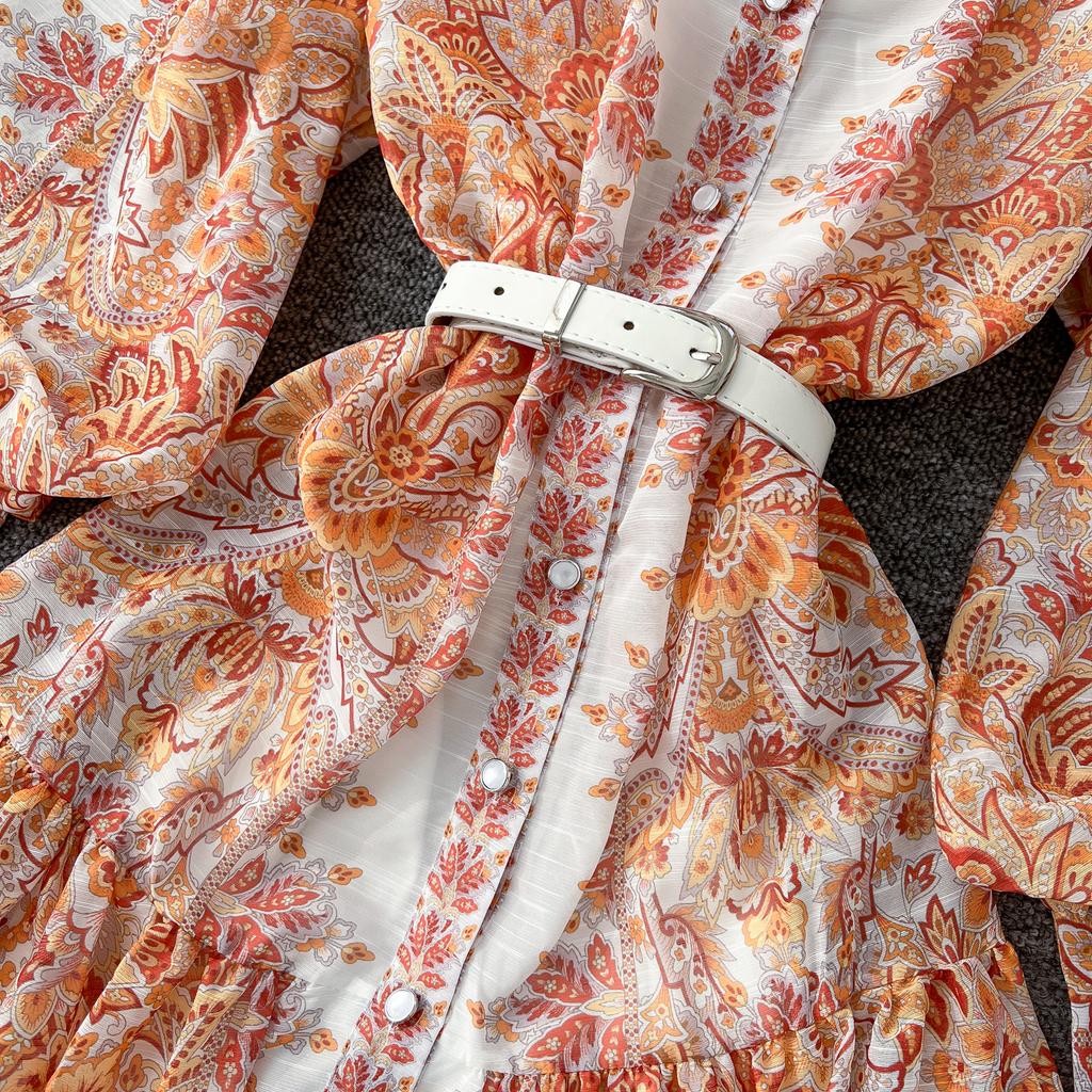 Spring Autumn Women Big Size Print Single Breasted Long Maxi Loose Seaside Holiday Beach Dresses with Belt