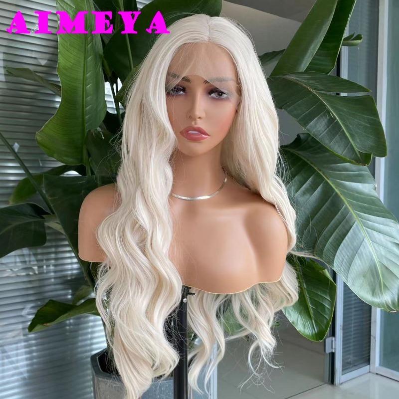AIMEYA Platinum Blonde Synthetic Lace Front Wig Long Body Wave Natural Hairline Wigs Heat Resistant Fiber Hair Daily Use Csplay