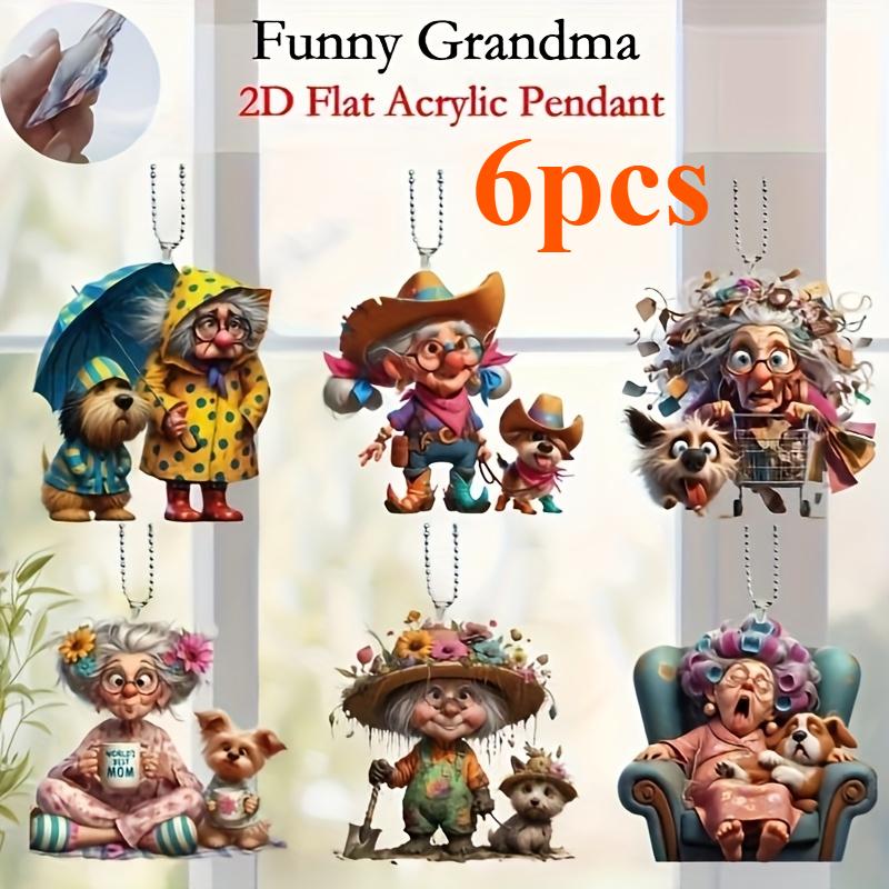 6PCS Acrylic Granny Pendants,Christmas Tree and Pendant Home Window Decor Holiday Souvenirs, Christmas Tree Pendants Perfect for Car Mirror Pendants