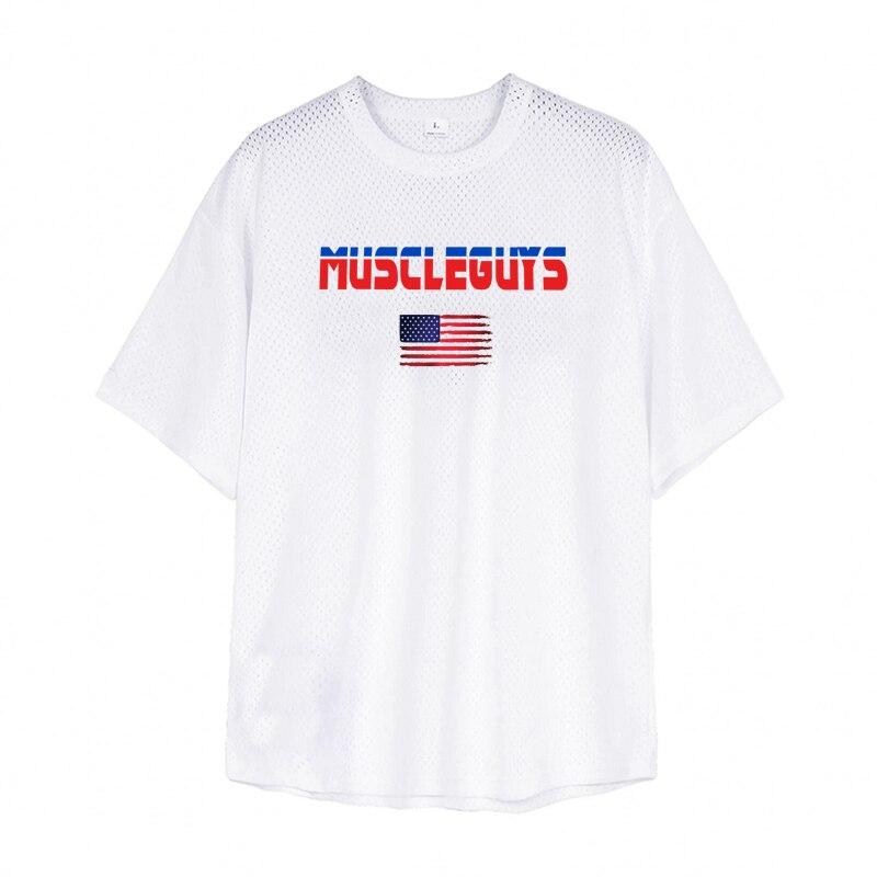 Muscleguys Летняя мужская дышащая футболка для бодибилдинга с короткими рукавами, модная тонкая полая сетчатая футболка, топы для тренировок на открытом воздухе, бег