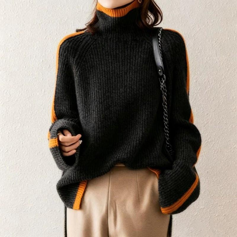 Turtleneck Sweater Women's Thickened Retro Autumn and Winter Japanese New Loose Outer Wear Contrasting Color Knitted Sweater
