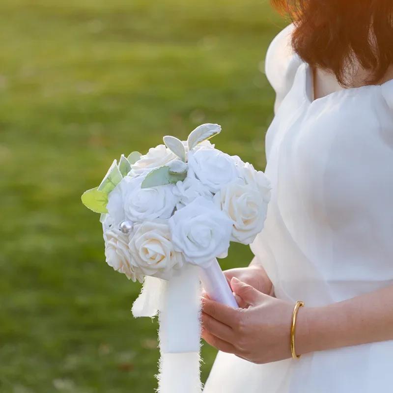 Bridesmaid Gold Hoop Bouquet for Wedding Bridal Shower Ceremony Artificial Rose Flower Hoop Wreath Front Door Wall Decoration