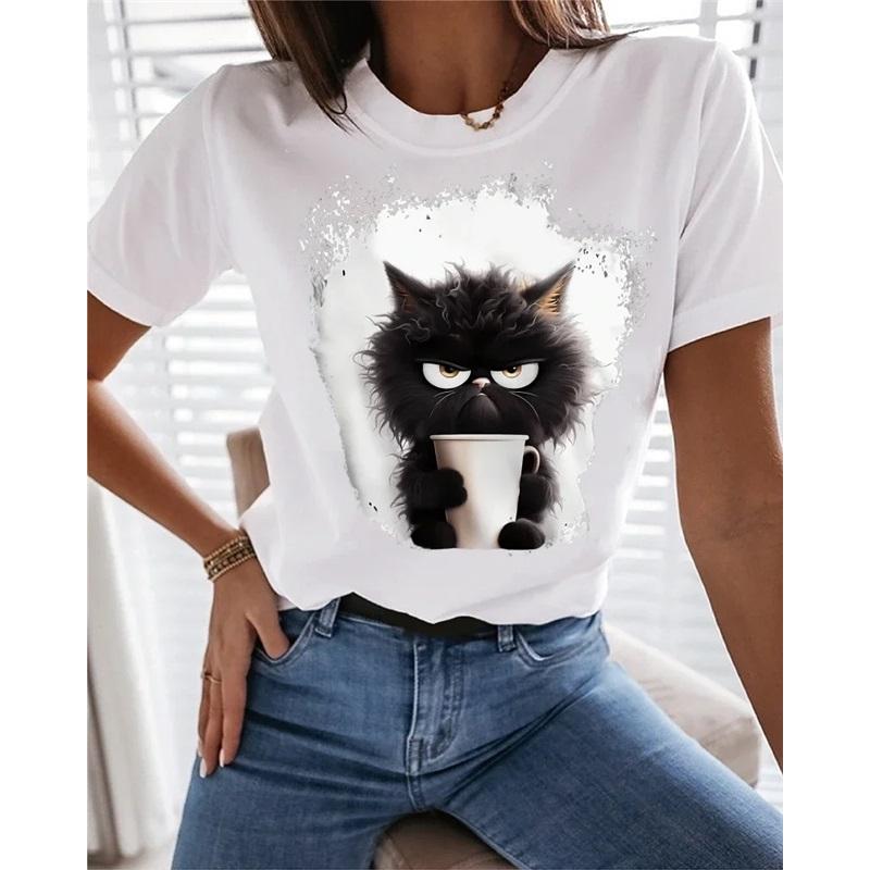 Женская футболка Tee Cat Daily Weekend с черным принтом, короткий рукав, модная, забавная, с круглым вырезом, стандартный крой, лето