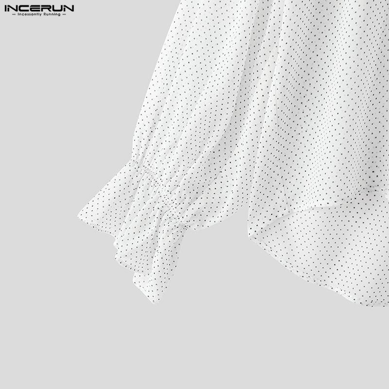 INCERUN Мужские блузки с длинным рукавом, полупрозрачные, в горошек, оверсайз, повседневные