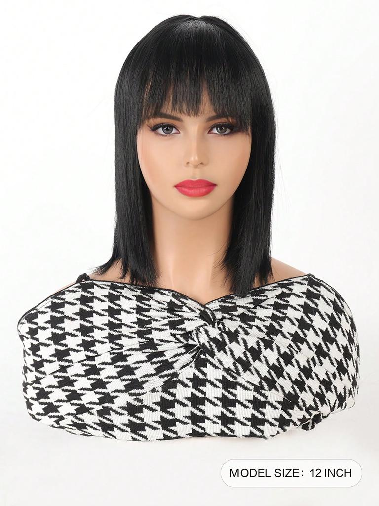 Synthetic Short Straight Bob Heat Resistant Wigs With Bangs Black Wigs For Women Daily Role Play Party Wigs