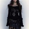 Grunge Aesthetics Knitted Tops Vintage Off Shoulder Tattoo Print T-shirt Wasteland Punk Black Ribbed Tee Shirt Gothic