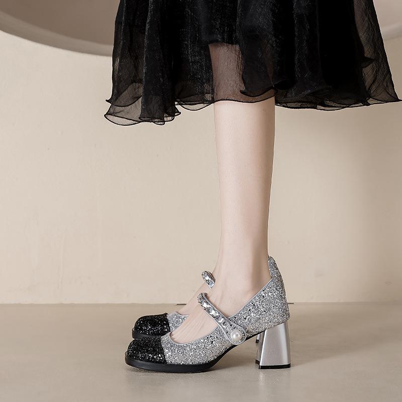 Французские ретро туфли Мэри Джейн на толстом каблуке, цветные, из лакированной кожи, с жемчугом, на толстом каблуке, одинарные туфли, туфли на высоком каблуке для женщин