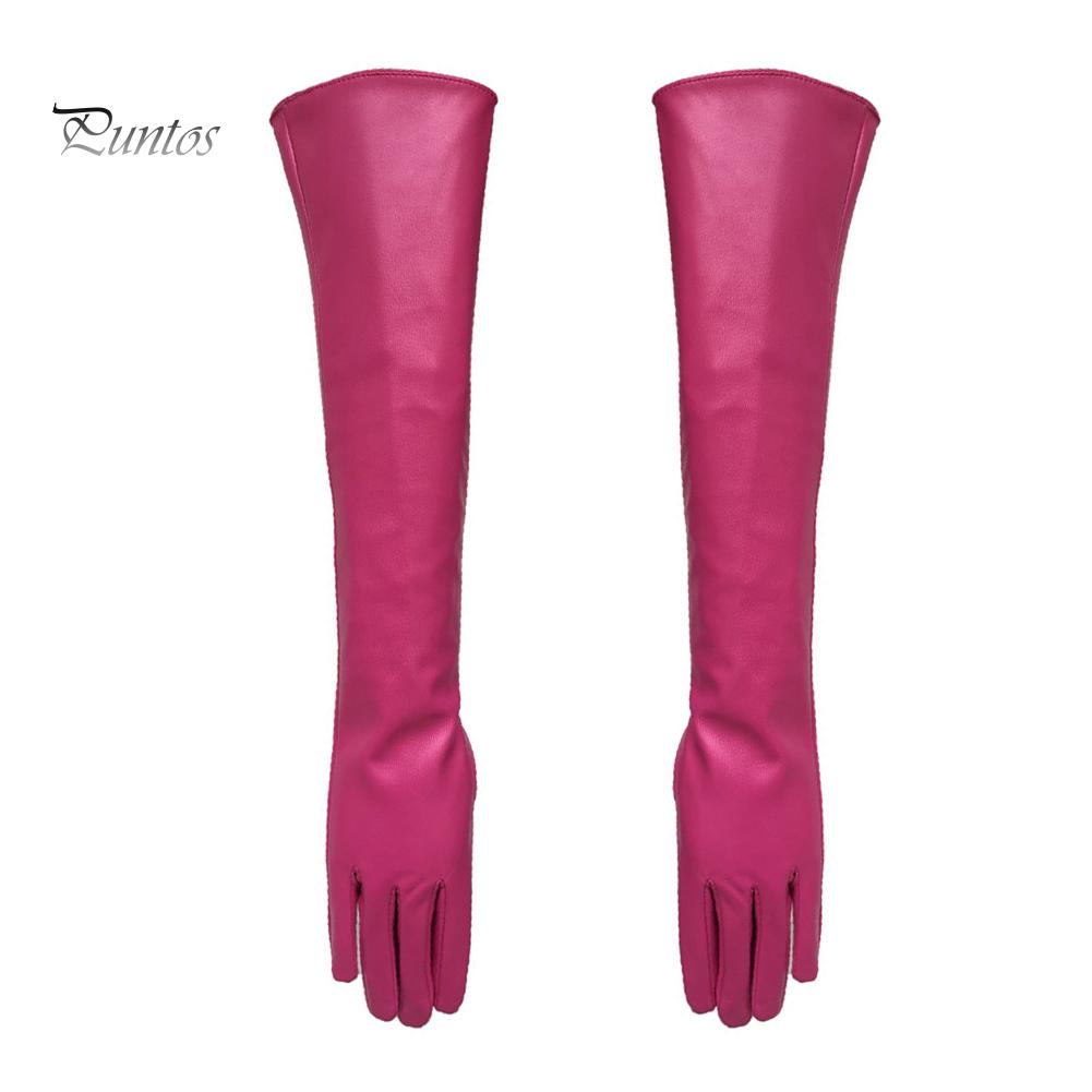 Fashion Lady Solid Color Faux Leather Full Finger Long Arm Gloves Stage Mittens
