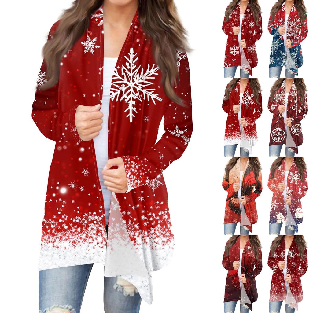 Women's Fashion Casual Christmas Print Medium Length Cardigan Jacket Coat