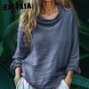 Spring Women's Casual Loose Fashion Long Sleeve Solid Color Pile Pile Collar Pullover Pleated Top