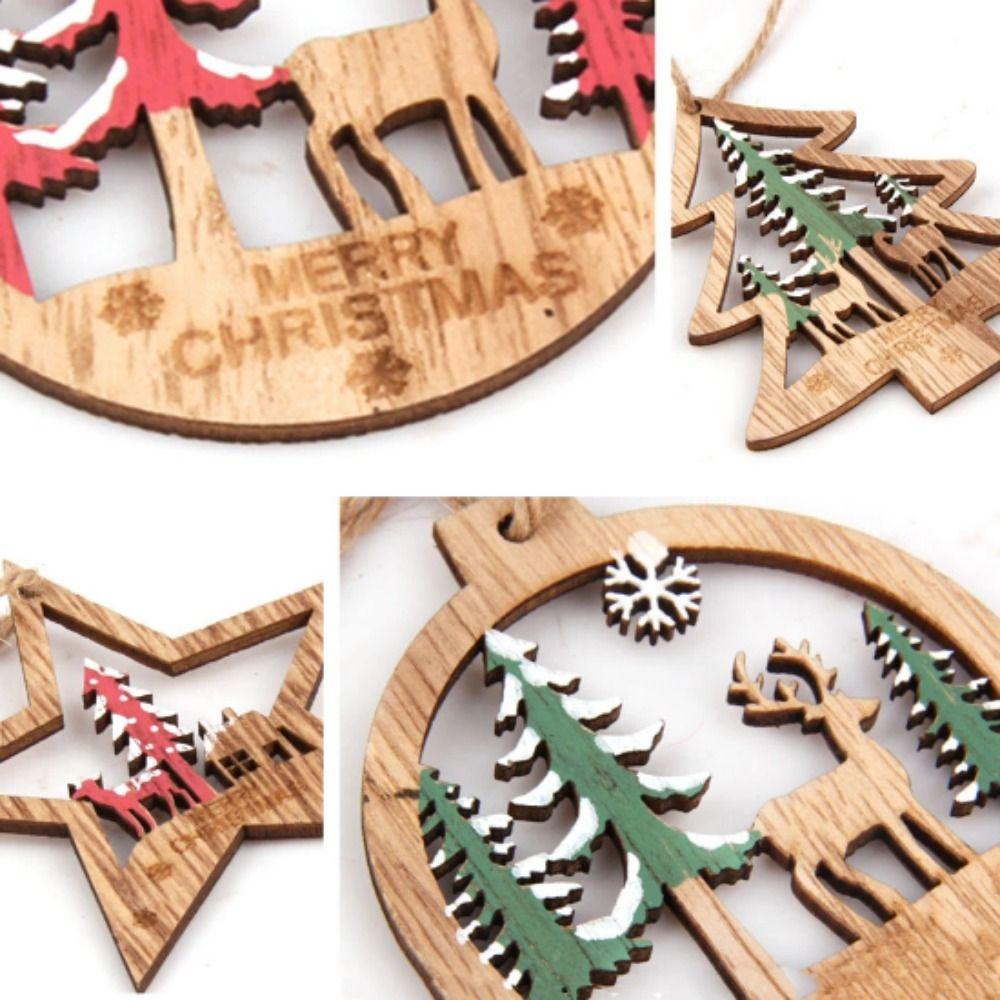6pcs Hollow Christmas Wooden Hanging Pendants Vintage Hollow Out Star Decoration New Year
