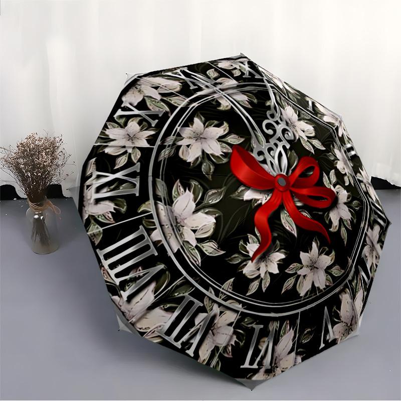1pc Floral Clock Decor Automatic Folding Umbrella Durable Iron Frame,All Seasons Home Travel Outdoor Multifunctional Umbrella yy251115090