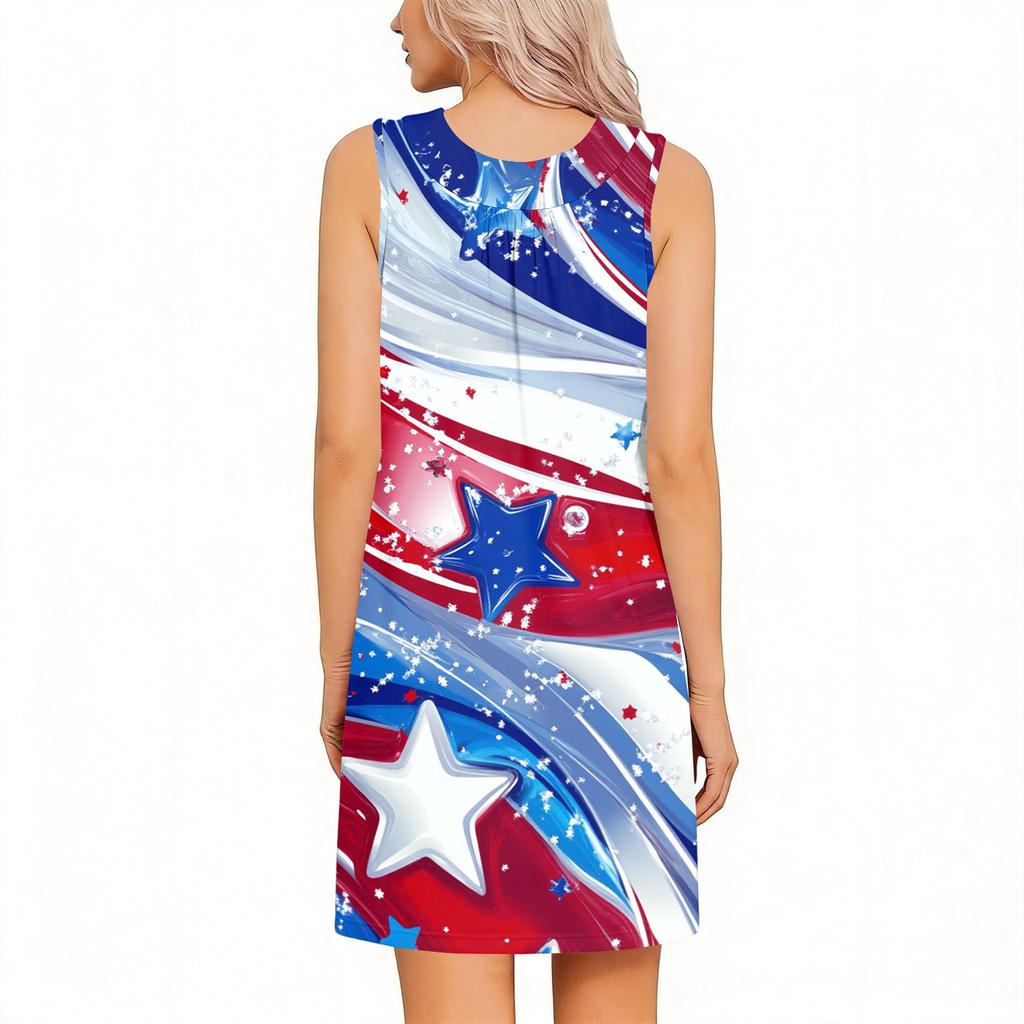 Sleeveless Tear Away Dress for Women Post Shoulder Surgery Independence Day Printed Knee Length Casual Dress with Side Slit