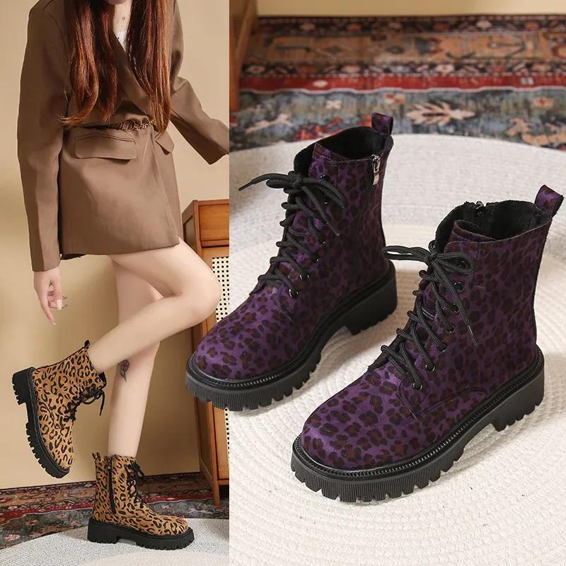 Fashion European American Leopard Print Short Boots 2024 Autumn Winter British Style Thick Soled Short Tube Motorcycle Boots for Women