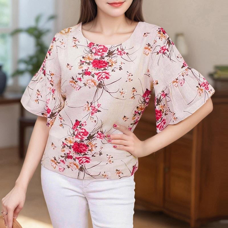 ZANZEA Женская повседневная блузка с круглым вырезом и рукавом 3/4 с цветочным принтом