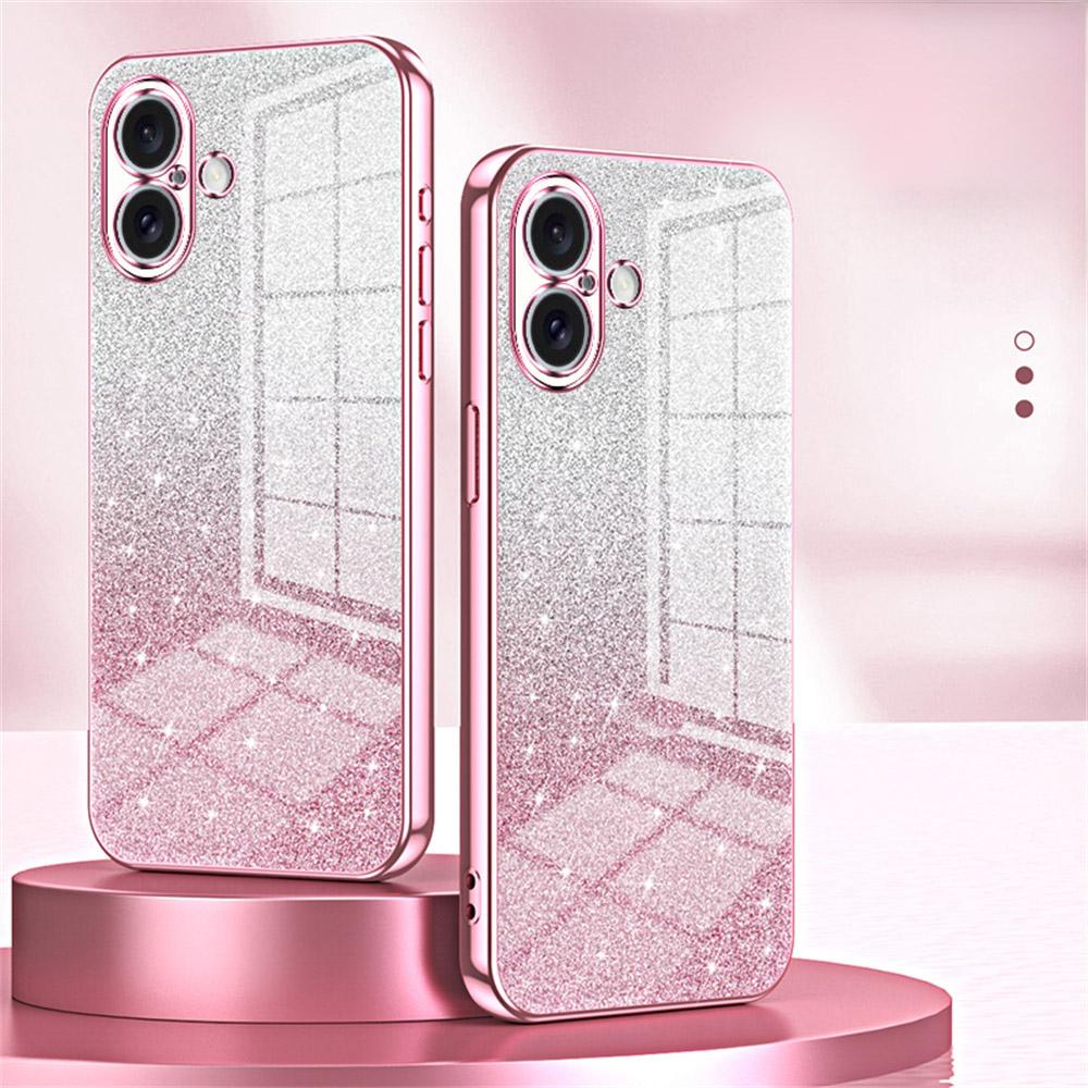 For iPhone 16 Case Electroplating Gradient Glitter TPU Phone Cover - Pink