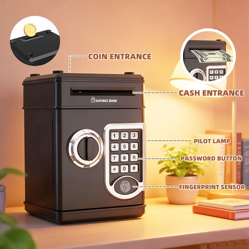 Kids Mini Lockable Coin Bank With Fingerprint Security - Metal-Style ABS Savings Box Birthday Childrens Day