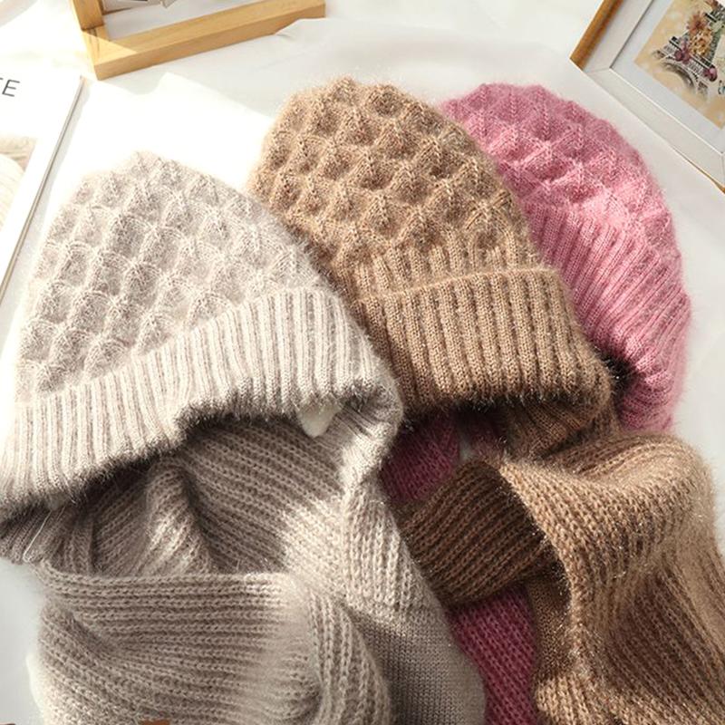 Women Plush Solid Color Knitted Woolen Hat Fleece Lined Beanie Caps Hat Scarf Set Thickened Winter