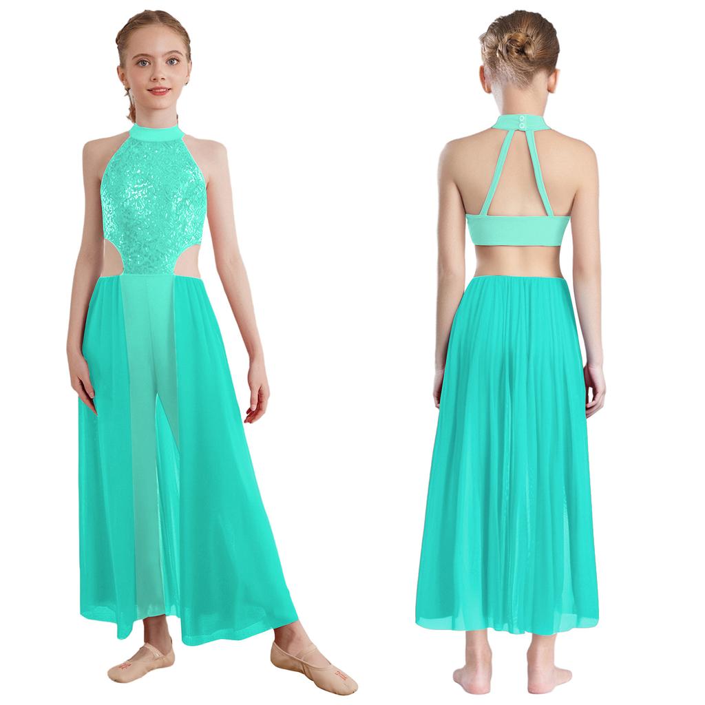 Блестящая одежда для танцев с пайетками для девочек: Полный костюм для выступлений с лямкой на шее, без рукавов, с открытой спиной и юбкой