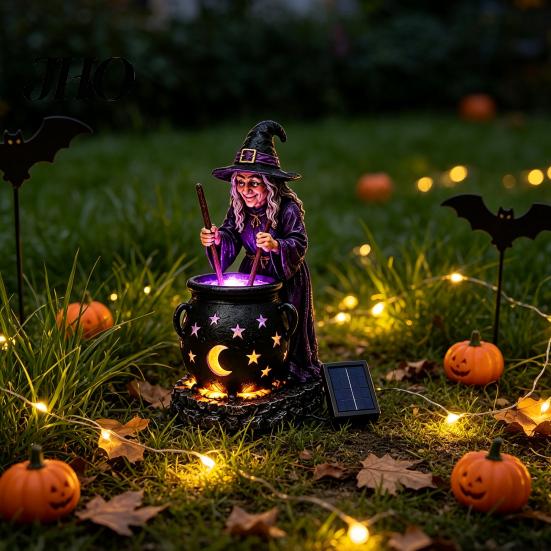 Magic Potion Cauldron Statue Solar Witch with Glowing Cauldron, Outdoor Halloween Garden Light, Decor Resin Decorative Figurine for Yard Lawn