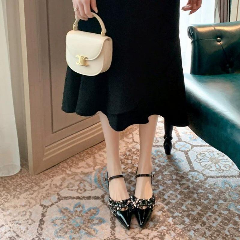 Женские роскошные сандалии на высоком каблуке с кристаллами. Женские летние тапочки. 2024. Дизайнерские сандалии с острым носком. Платье. Шлепанцы. Туфли-лодочки.