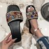Large Size Women's Slippers Summer New Rhinestone Flat Bottom Square Head One Word Beach Cool Slippers