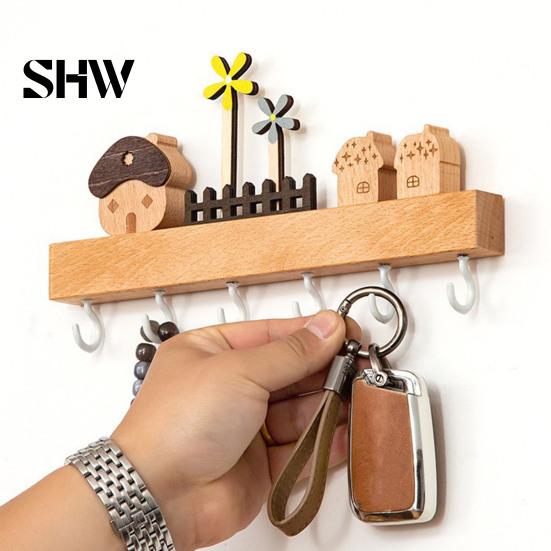 Decorative Wall Storage Rack Solid Wood Key Holder with 6 Hooks, Hanging Rack, Minimalist Space Saving Mounted Organizer for Entryway Kitchen
