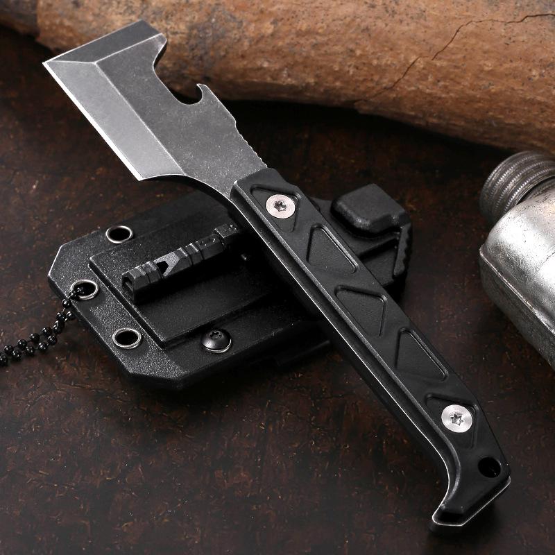 Multi-functional Outdoor EDC with Bottle Opener, Whistle, Chain, Shovel, Knife, Ice Hammer, and Straight Knife.
