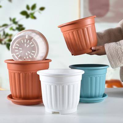 Большой цветочный горшок с блюдцем, однотонный цветочный горшок с дренажным отверстием