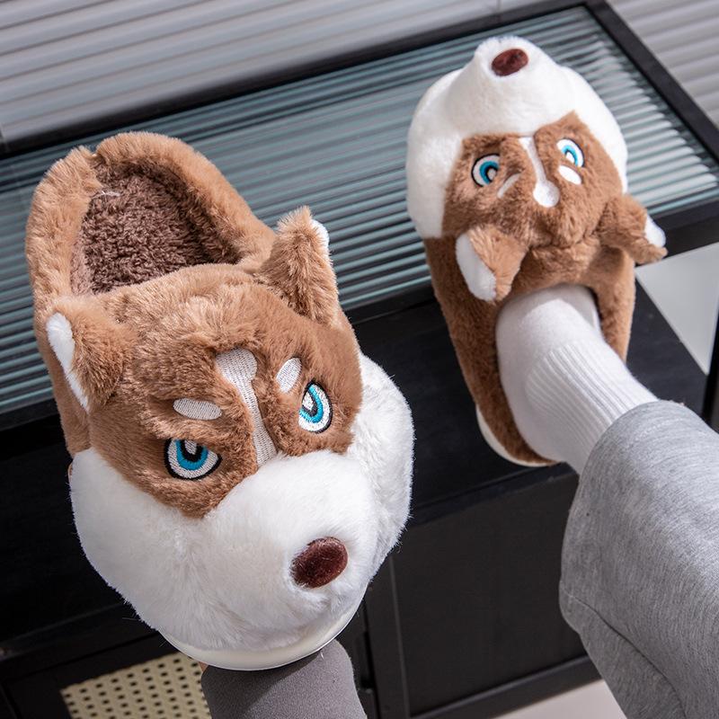 Fashion New Unisex Husky Cartoon Slippers Winter Plush Lined Anti-Slip Indoor Home Shoes Warm Comfortable Couples Fuzzy House Booties