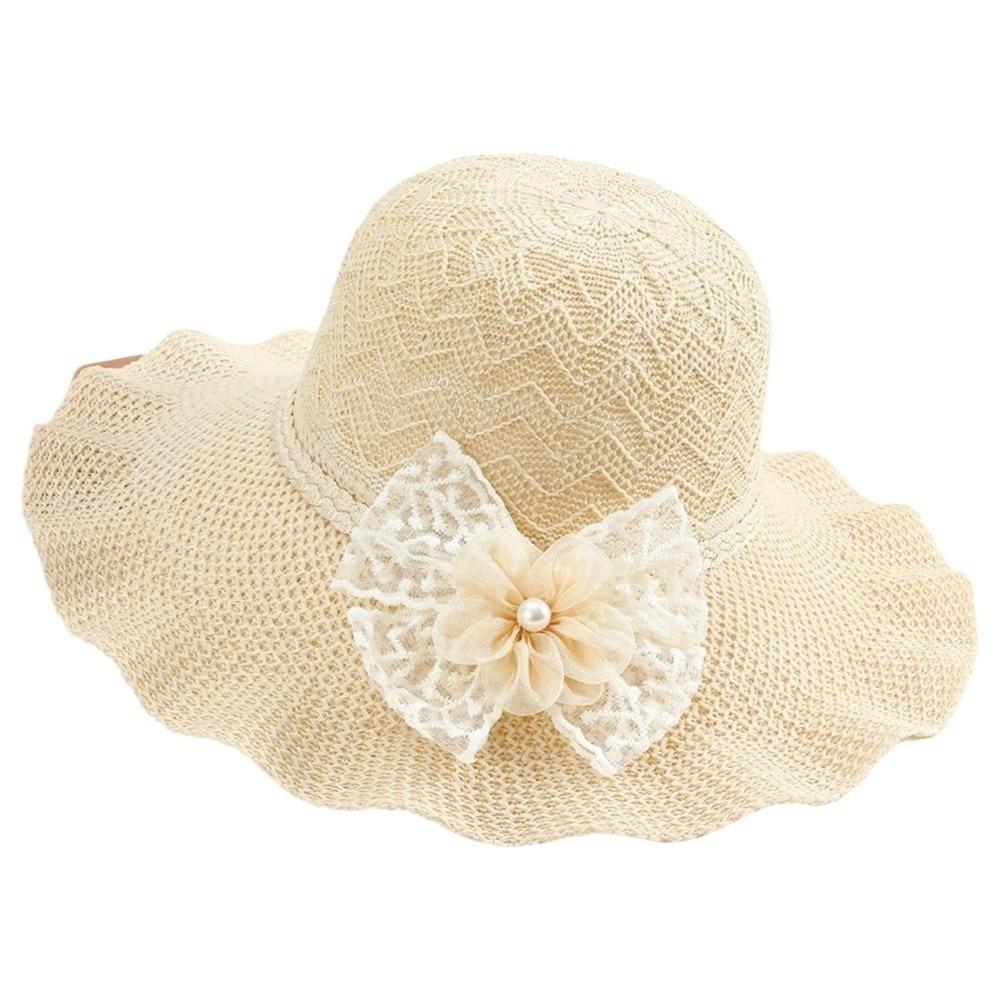 Lace Bow Wide Brim Knitted Hat Solid Color Beach Sun Hat Fashion UV Protection Cap Travel