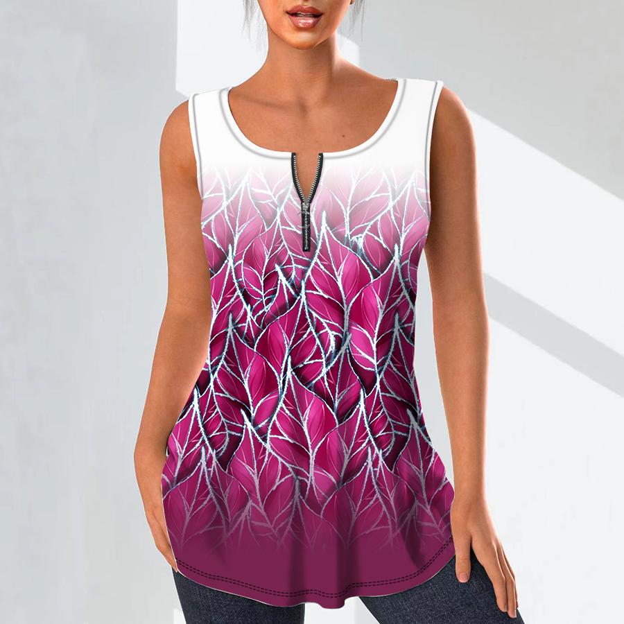 Women's Fashion V Neck Shirts Casual Tops T-shirt Ladies 3D Stacked Leaves Print Vest Plus Size Sleeveless Blouse Tank Tops