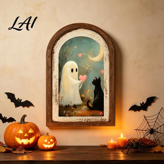 Waterproof Wooden Ghost Sign Arch Sign Cute Halloween Table Rustic Farmhouse Decor Shelf Decor Decorative Wall Art for Mantel Living Room
