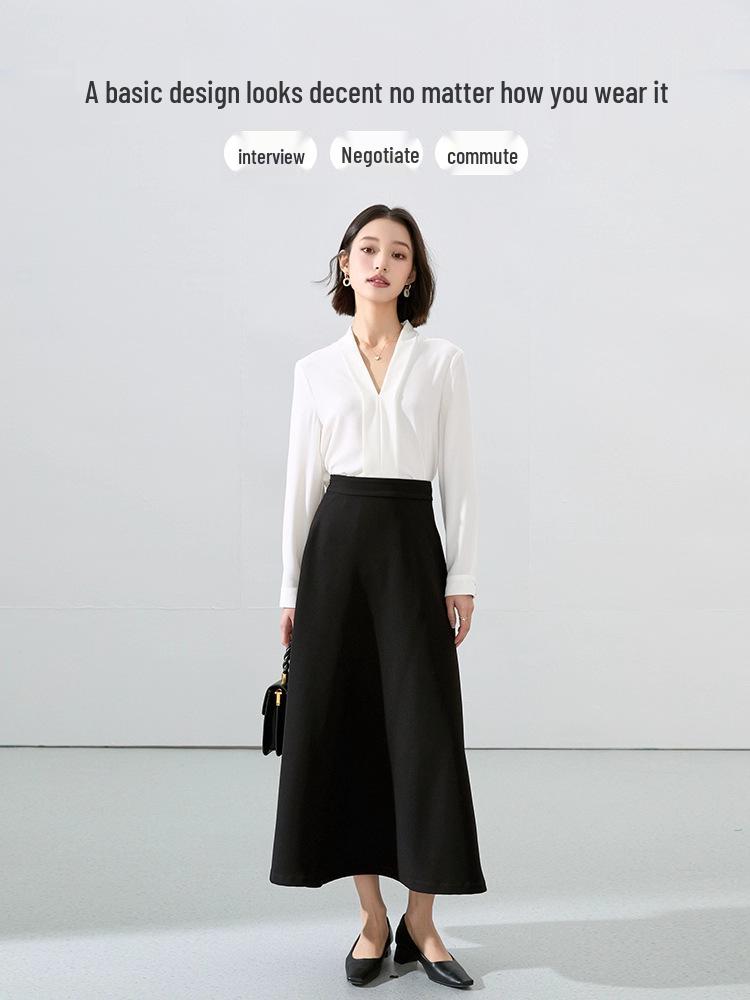 Women's Drapey White V-neck Chiffon Shirt: Long-Sleeved, Slimming, Perfect for College, Interviews, Professional Wear, and Spring Layering Tops