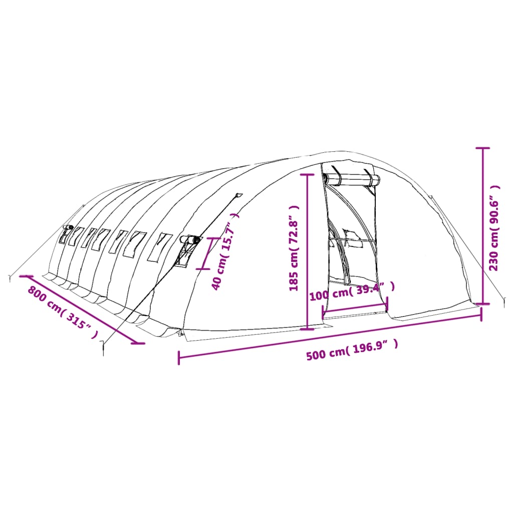 Green Steel Frame Greenhouse 40 m² 8 x 5 x 2.3 m