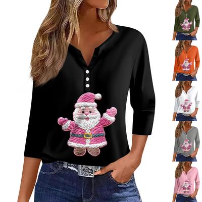 Жен. Футболка Футболка С принтом Пуговицы Рукав 3/4 Повседневные Выходные Мода Классический Классический V-образный вырез Обычный Верх